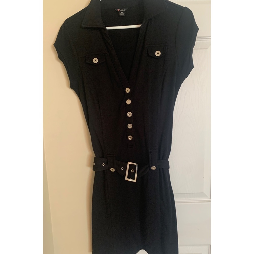 Size M- Black Guess button down belted mini dress.